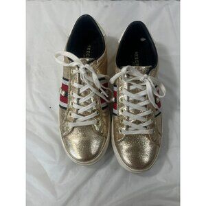 Sketchers Memory Foam Gold with Blk/Wht/Red Stripes with White Gems size 8